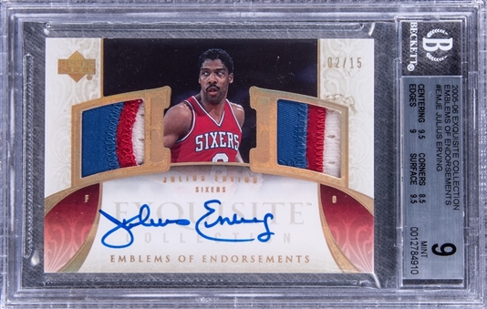 2005-06 UD "Exquisite Collection" Emblems of Endorsements #EMJE Julius Erving Signed Game Used Patch Card (#02/15) - BGS MINT 9/BGS 10
